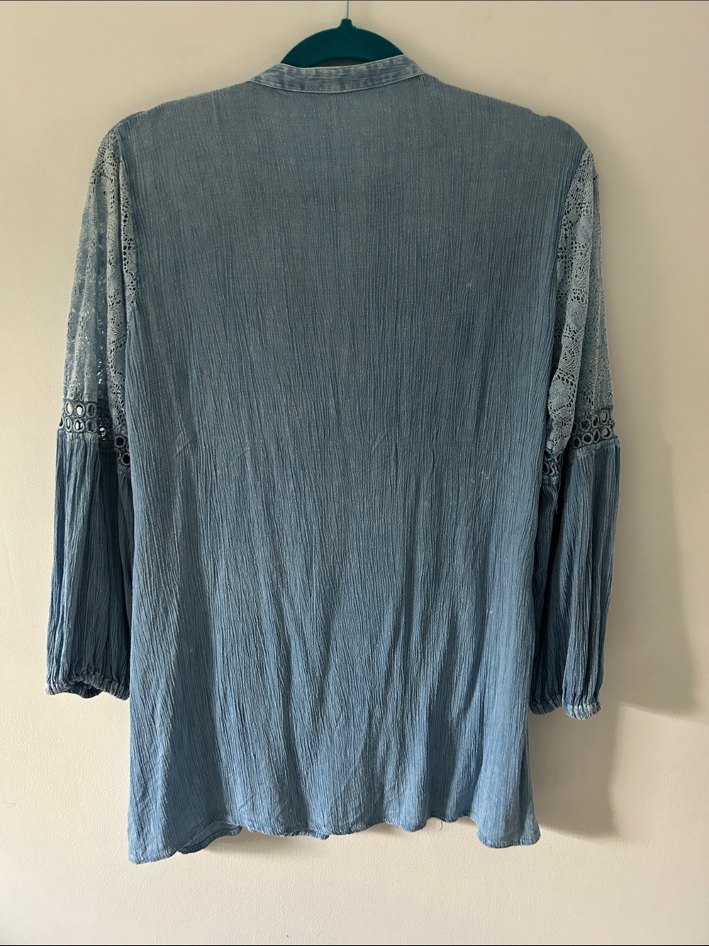 Boho Y2K Light Blue Lace-Trim Women's Peasant Top Eyelet Detail Cottagecore - Picture 6 of 12